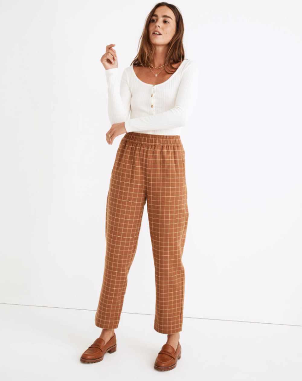 Madewell Tapered Pull-On Crop Pants Waffleback Plaid Rusted Orange Sz Large